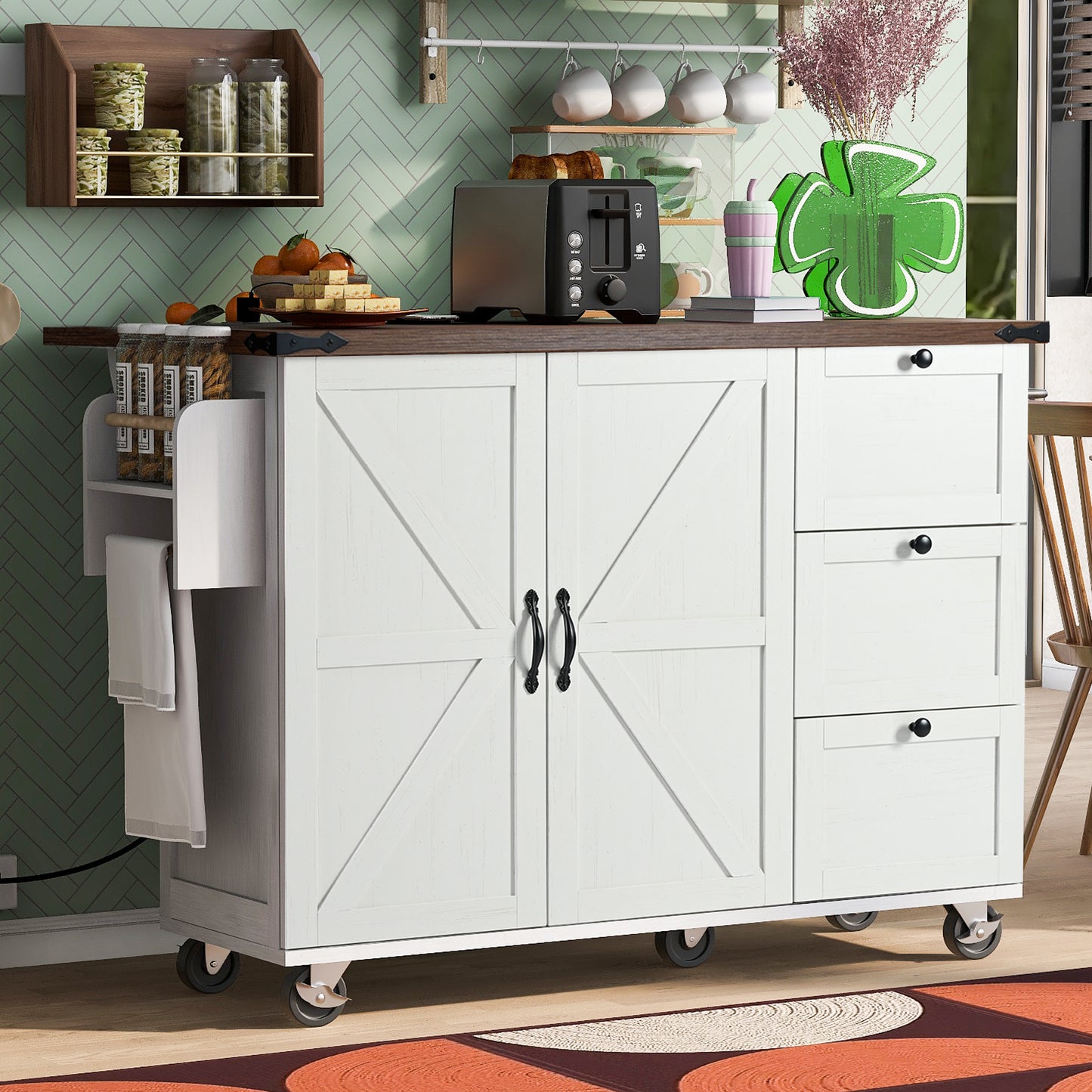54.5 Farmhouse Kitchen Island With Power Outlet,Kitchen Storage