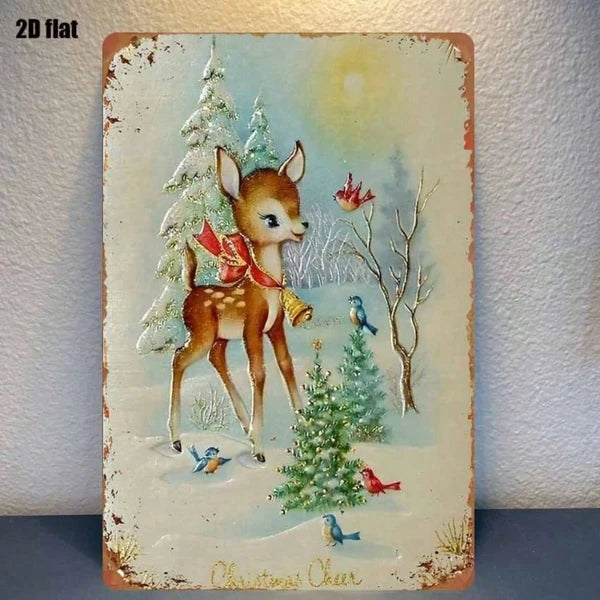 Rustic Metal Wall Sign - Winter Reindeer in Snowy Woods