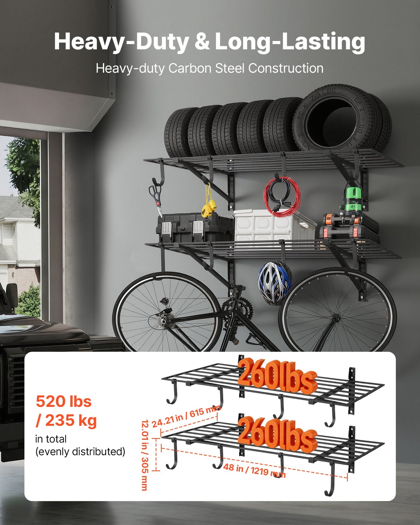 Heavy Duty Wall Garage Shelving Unit with Hooks - 2 x 4 ft Steel Storage Rack, Black