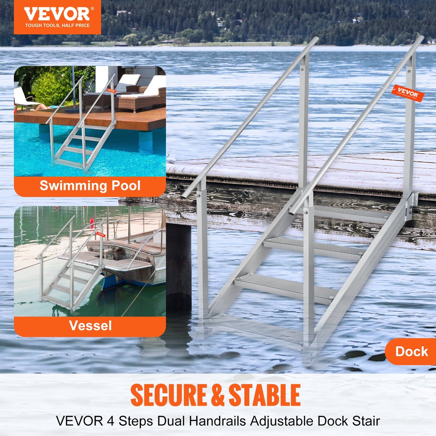 Adjustable Aluminum Dock Ladder with Dual Handrails, 4 Steps, 500 Lb Capacity