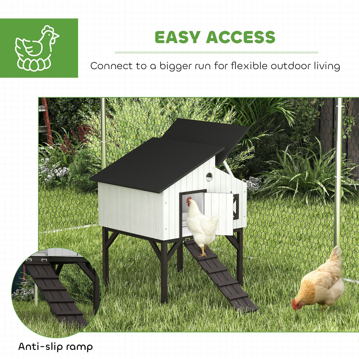 Elevated Chicken Coop with Nesting Box and Ramp - All-Weather Bird House