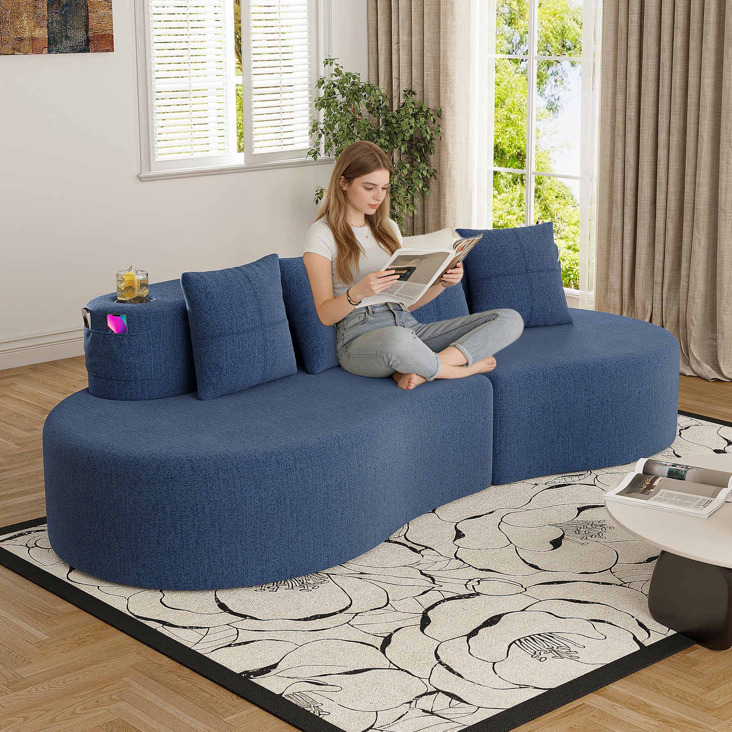 Modern Curved Sectional Sofa - 3 Seat Navy Half Moon Design