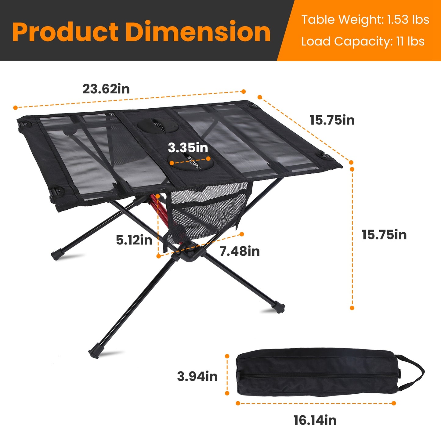 Portable Folding Camping Table with Cup Holders & Storage Bag - Black