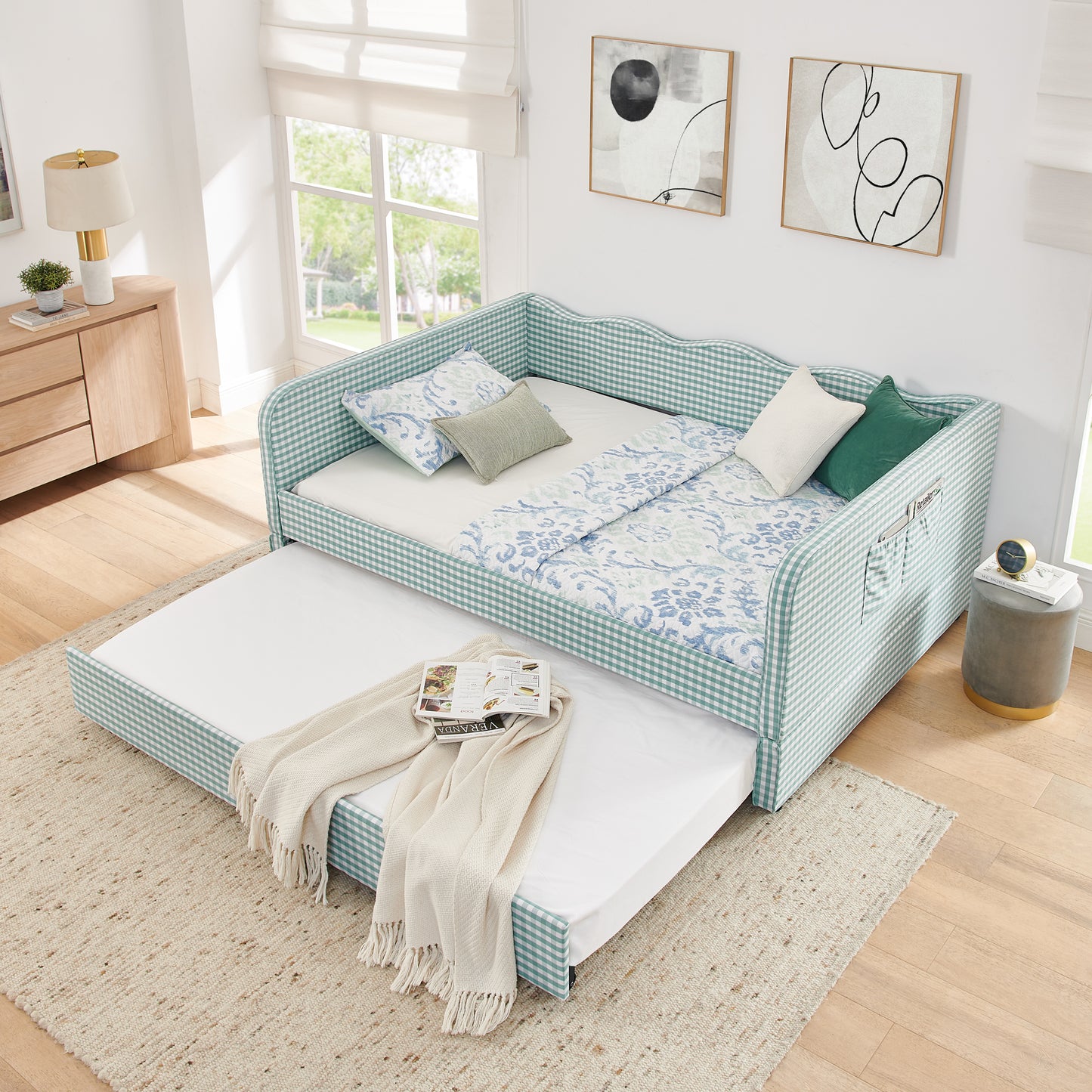 Full-Size Gingham Upholstered Daybed with Pull-Out Trundle & Storage - Cyan
