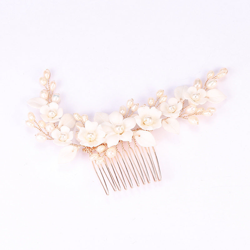 Ceramic Flower Bridal Hair Comb - Gold