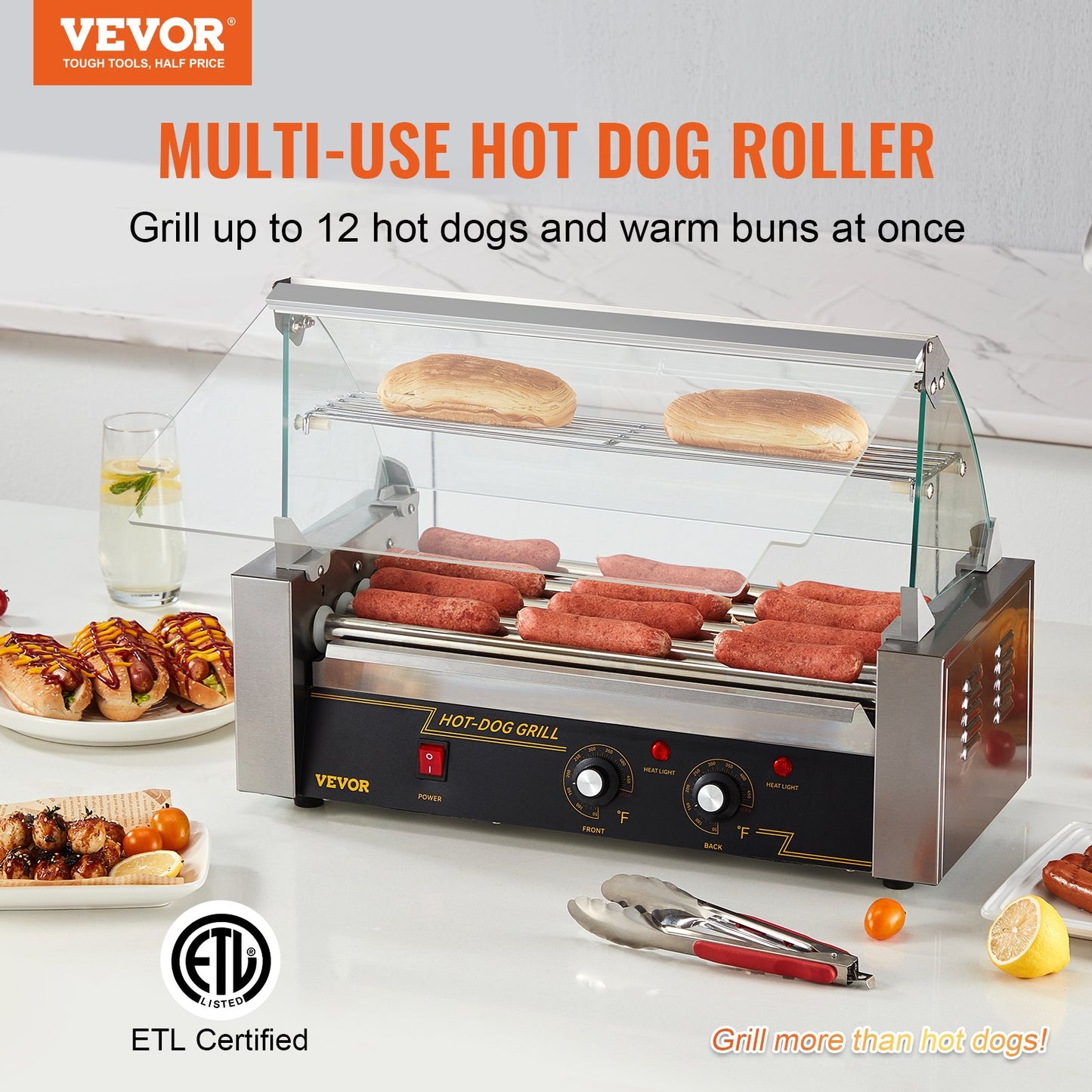 Commercial Hot Dog Roller Grill - 5 Non-Stick Rollers, 12 Hot Dogs Capacity, Stainless Steel, Dual Temperature Control, Silver