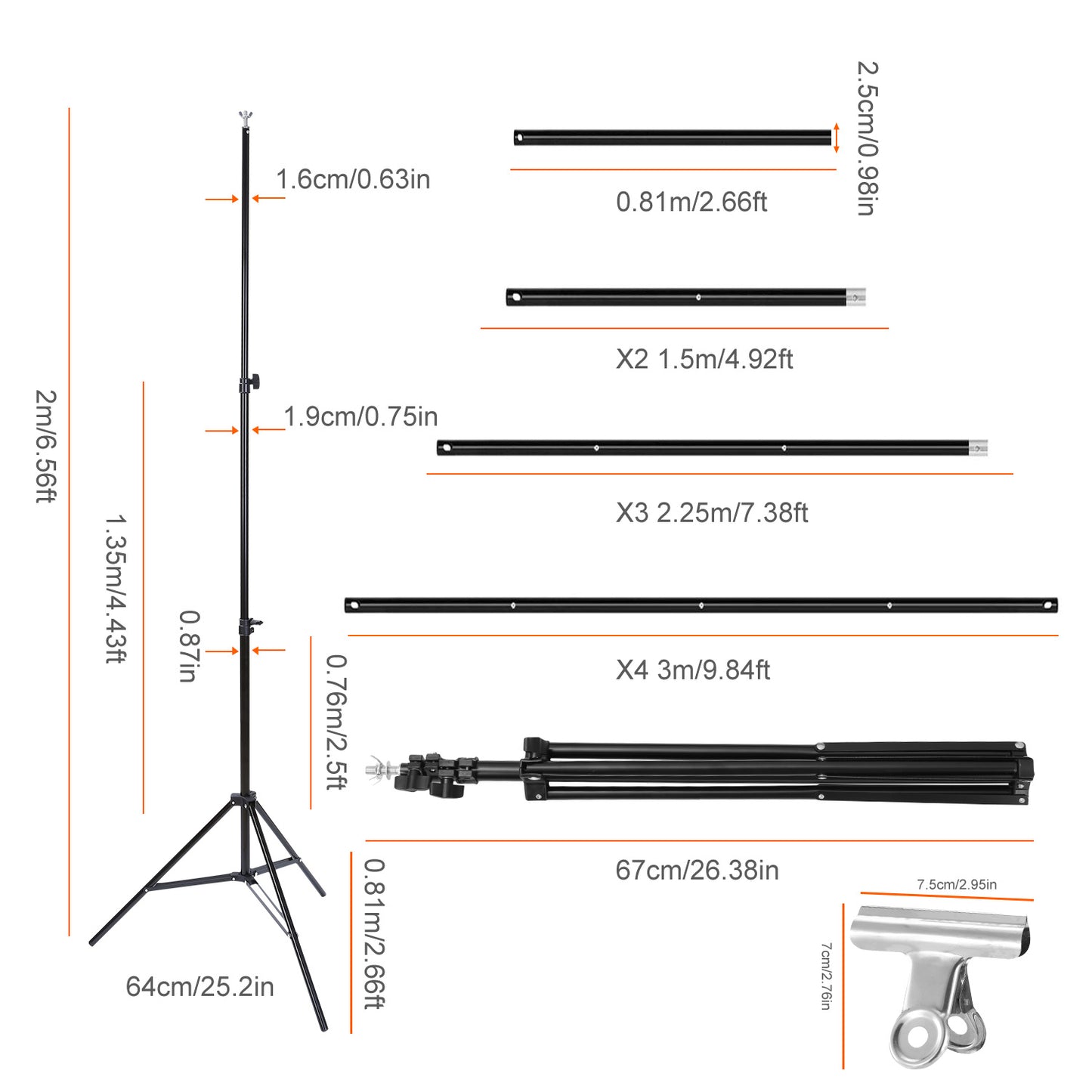 Adjustable Photography Backdrop Stand Set with Carrying Bag - Black