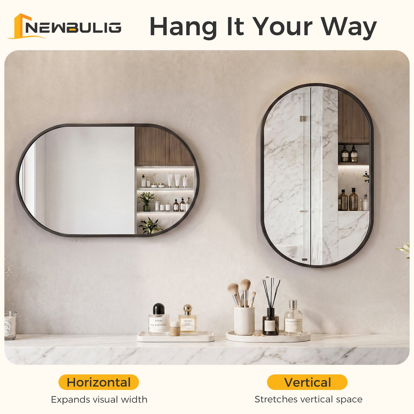 Bathroom Mirror, Oval Wall With Rust-proof Metal Frame And Tempered