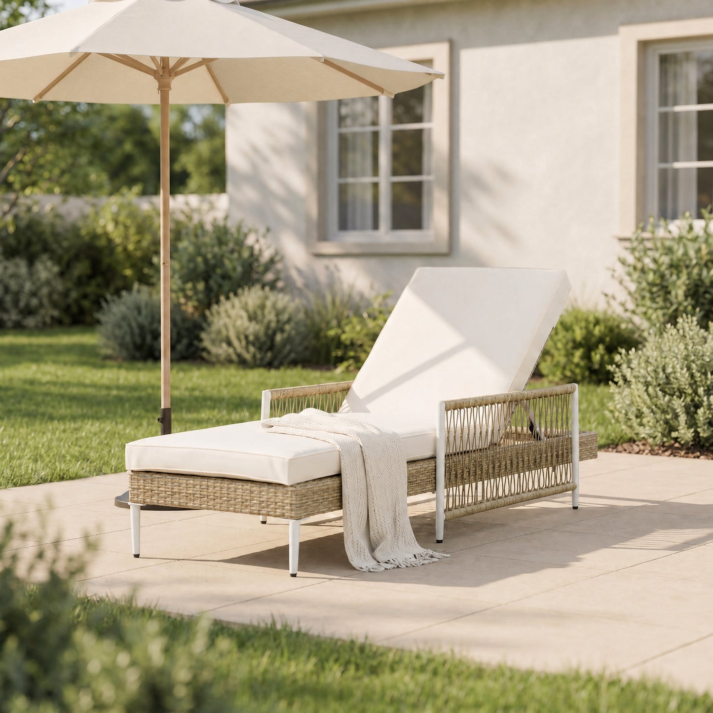 Outdoor Chaise Lounge Chair - Adjustable Recliner with Cushion, Beige