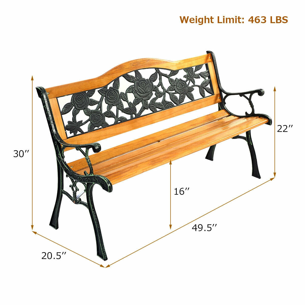 Outdoor Wooden Loveseat Bench with Iron Armrests - 3-Seater