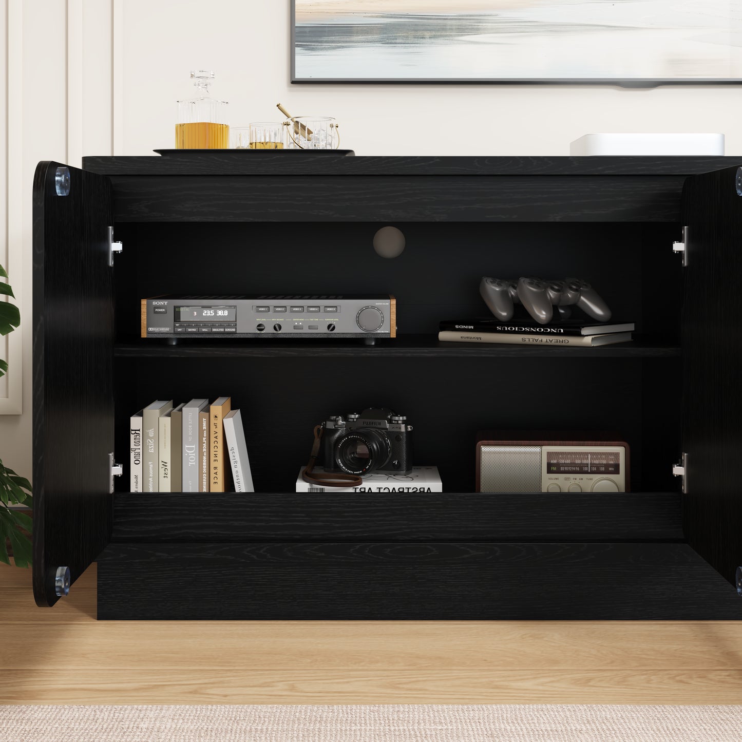 63 Inch Black TV Stand with 4 Storage Doors - Modern Media Console