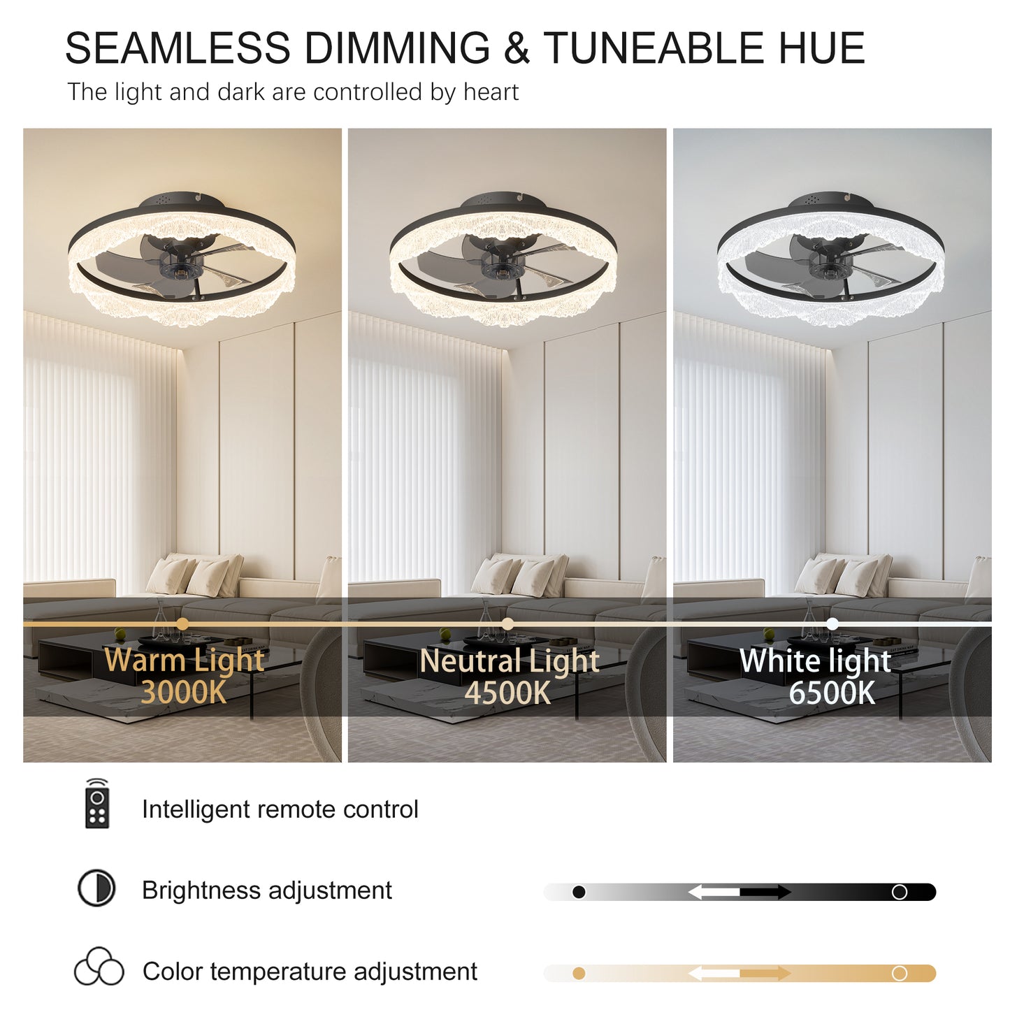 Modern LED Ceiling Fan Light with Crystal Acrylic Ring - Black