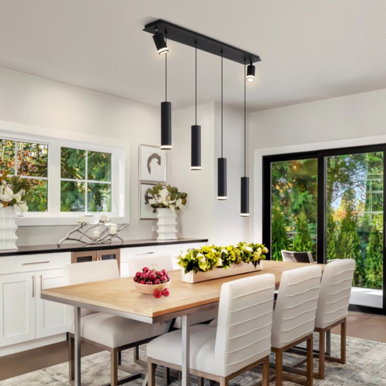 6-Light Matte Black Kitchen Island Pendant Light Fixture, Adjustable Cylinder Design