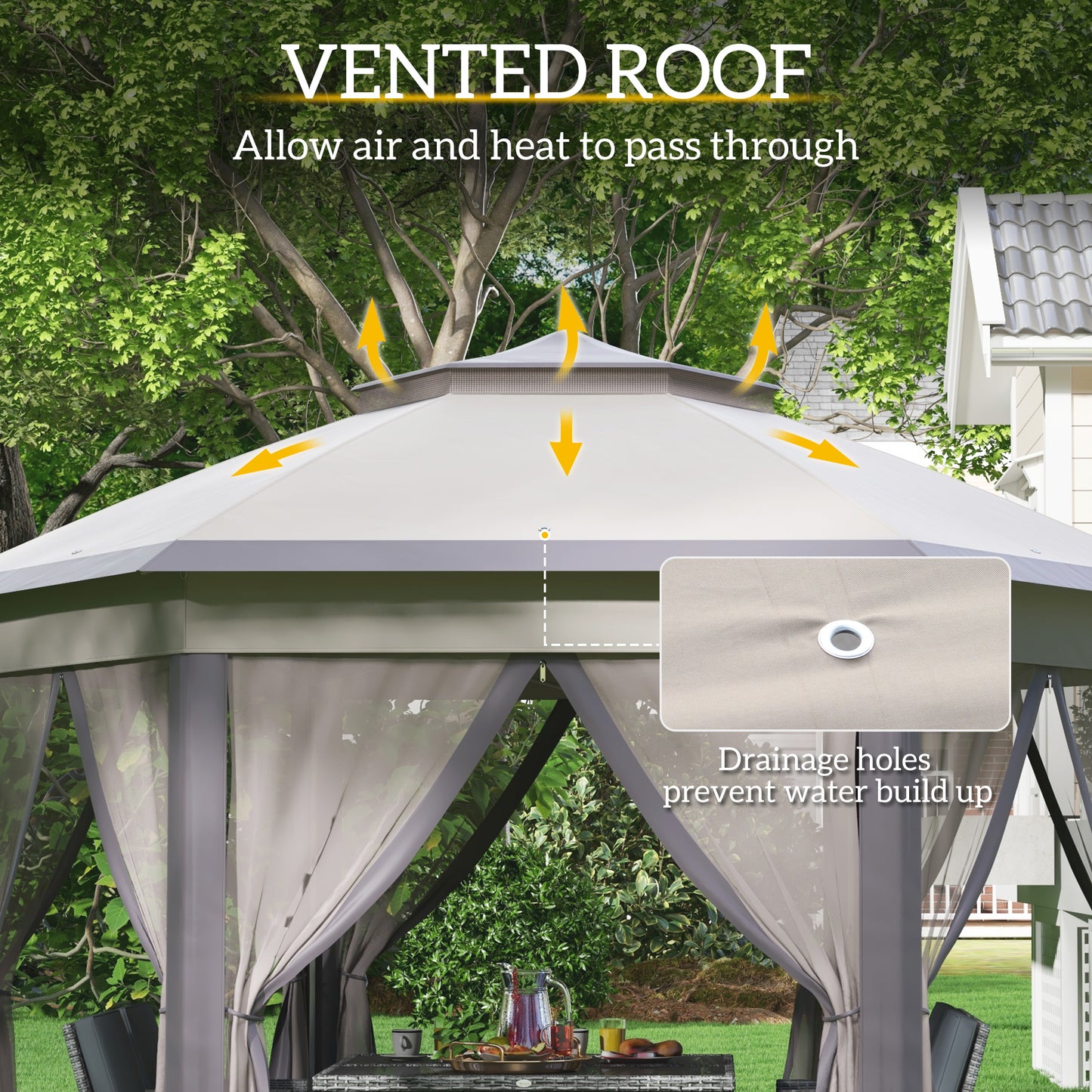 13' Hexagonal Pop Up Gazebo Canopy with Mesh Sidewalls - Coffee, Beige