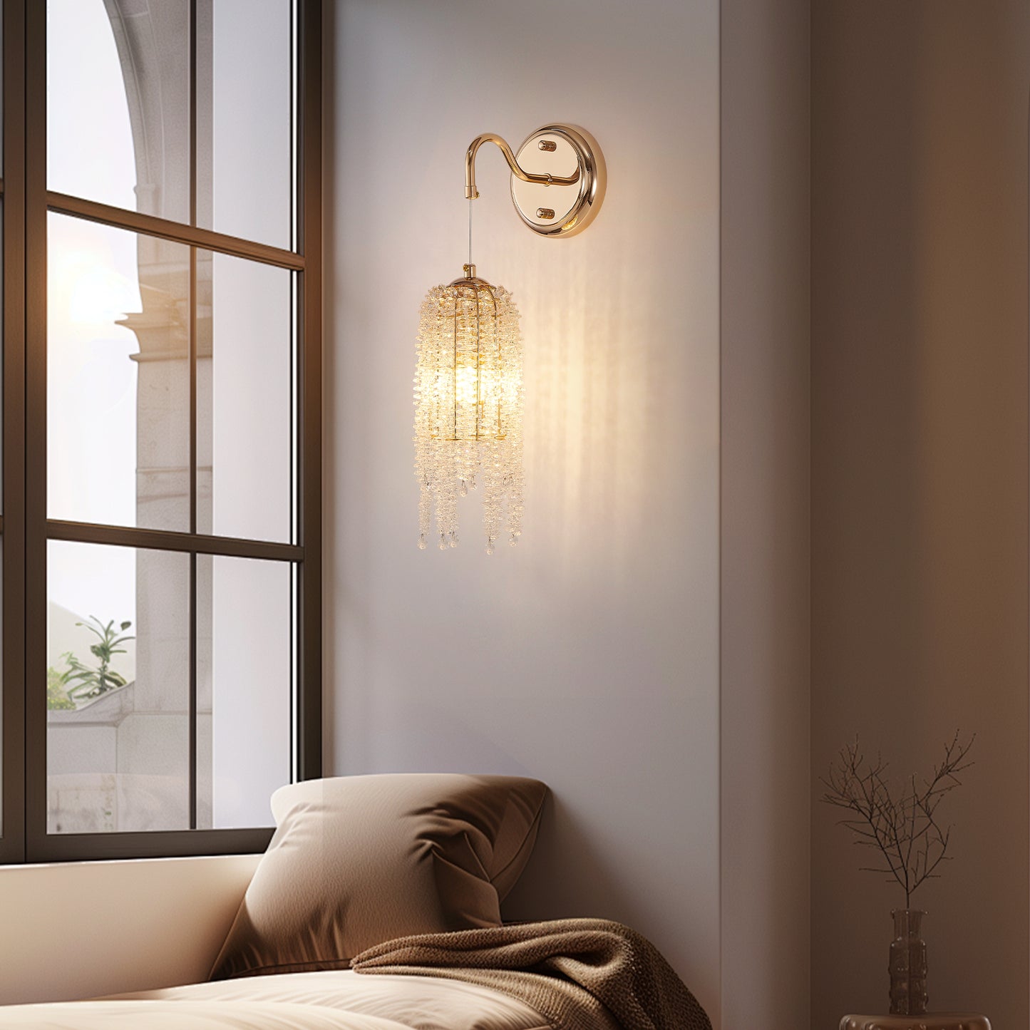 Gold Frame Crystal Bead Wall Sconces - Set of 2