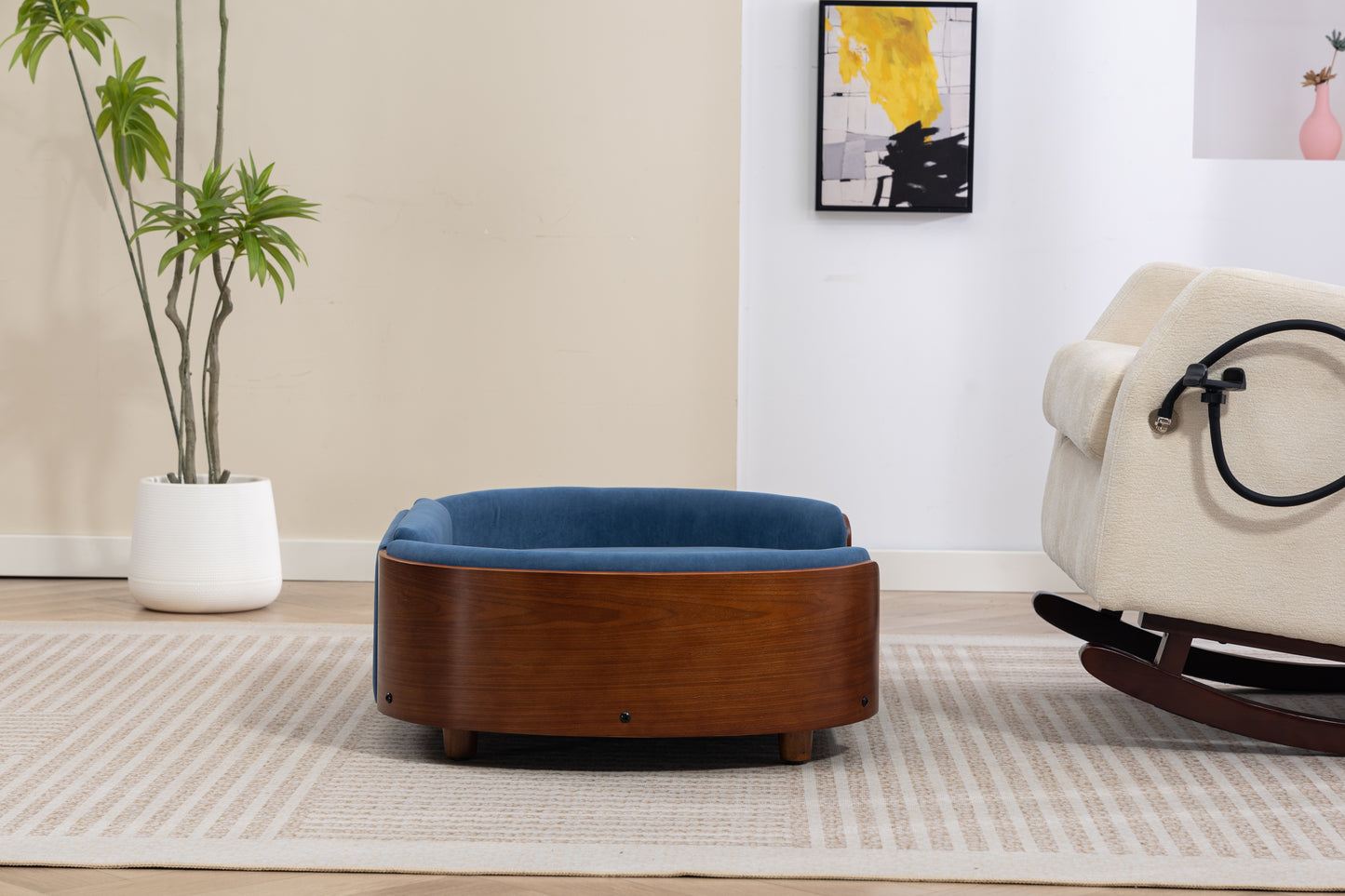 Large Scandinavian Style Elevated Dog Bed with Velvet Cushion and Solid Wood Legs
