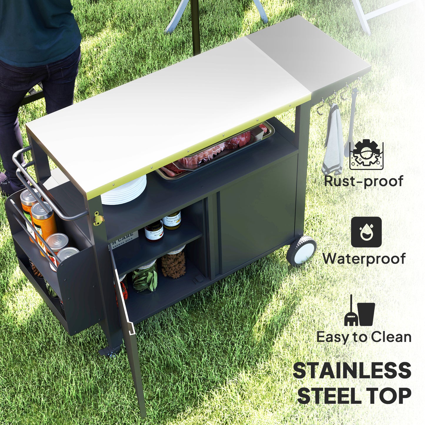 Outdoor Grill Cart with Stainless Steel Top & Foldable Side Table