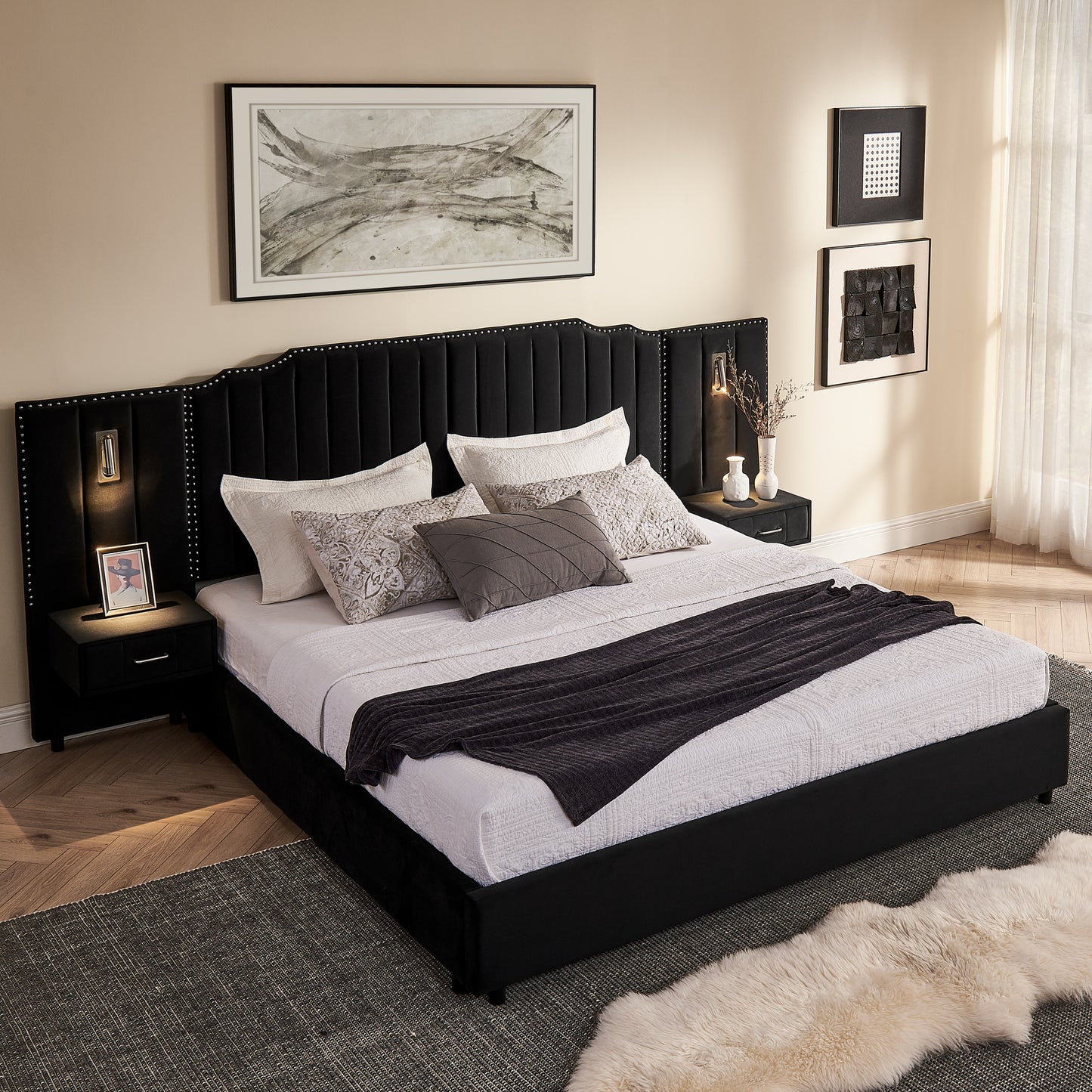 King Size Upholstered Bed Frame with Velvet Fabric & Headboard - Black