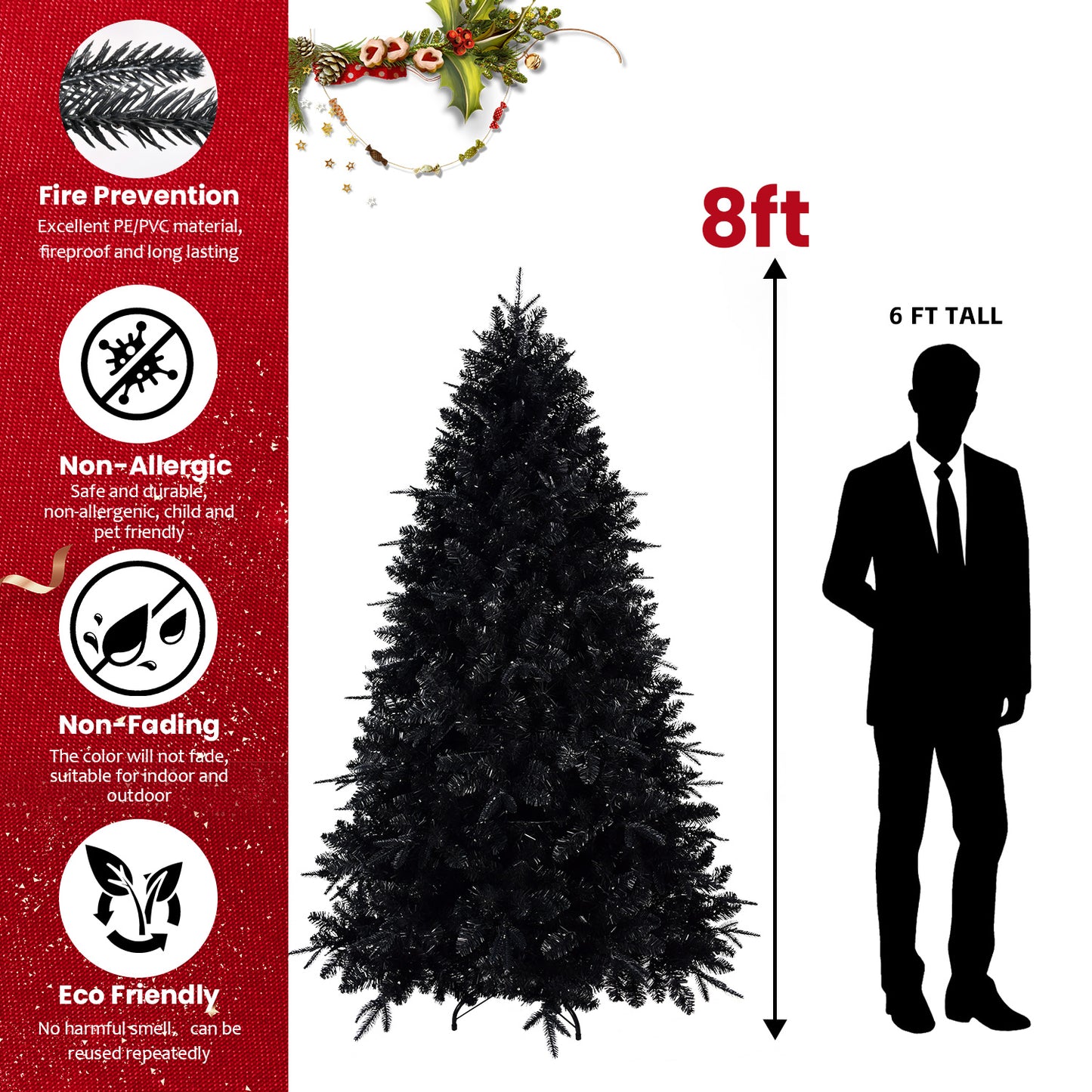 Prelit Black Christmas Tree with White Lights - Multiple Heights