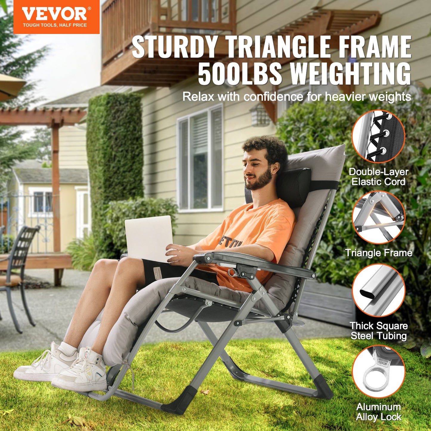 Heavy-Duty 33" Zero Gravity Lounge Chair with Cushioned Support - Indoor & Outdoor Grey