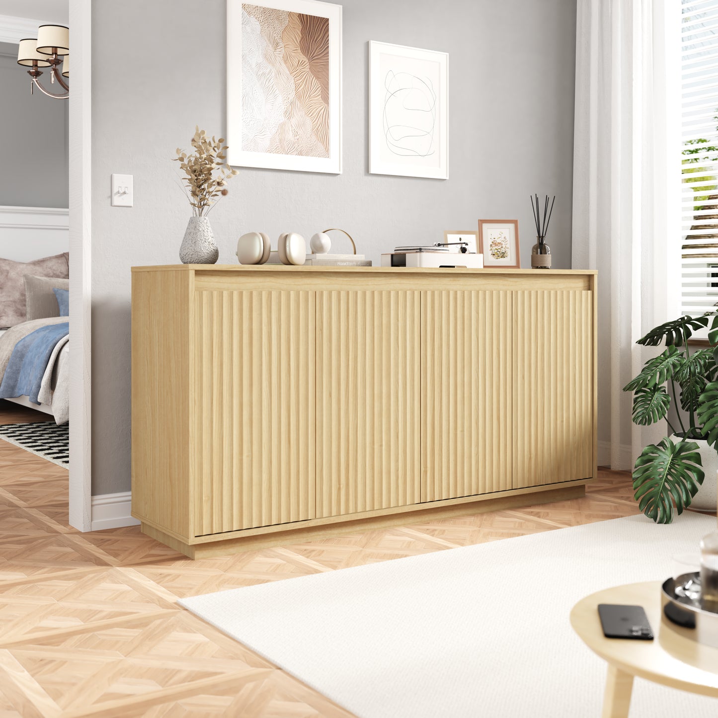 Natural 4-Door Sideboard Buffet Cabinet with Power Outlet
