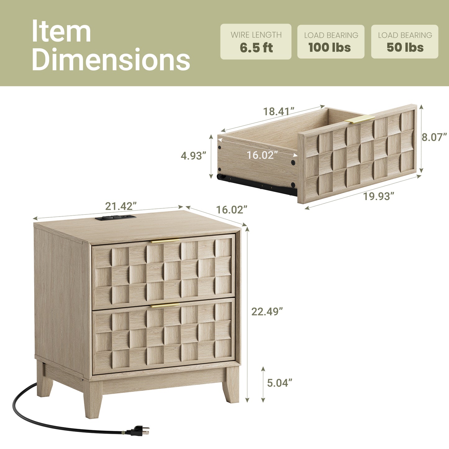 Wooden Night Stand with Charging Station & 2 Drawers