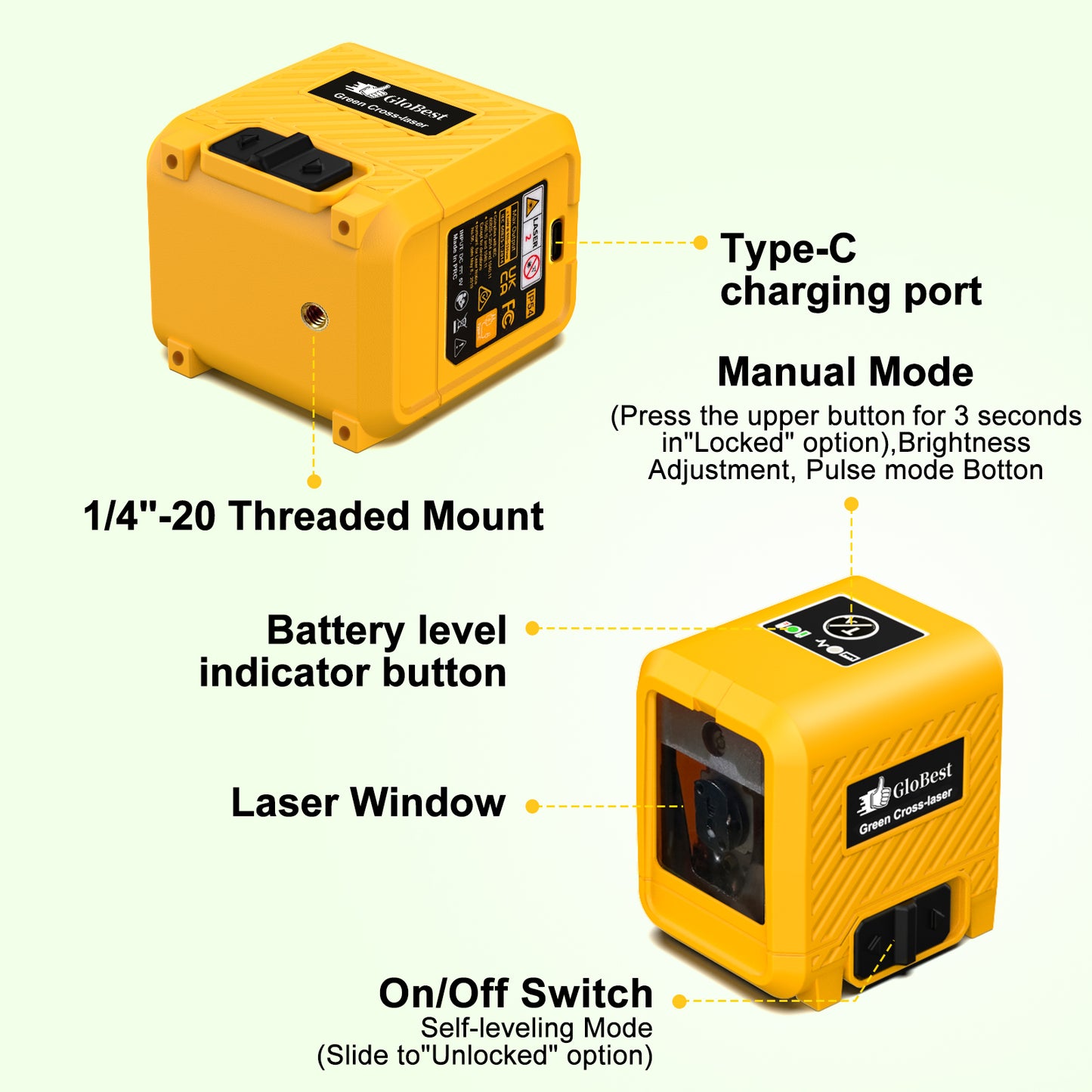 Laser Level with Rechargeable Lithium Battery, Self-Leveling Green Cross Line Tool - Model LS T6G