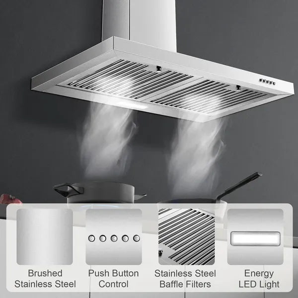 30-Inch Wall Mount Range Hood - Stainless Steel Kitchen Vent with Baffle Filters