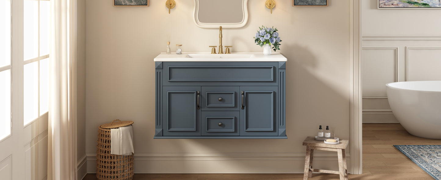 36-Inch Wall Mounted Bathroom Vanity with Ceramic Sink - Blue