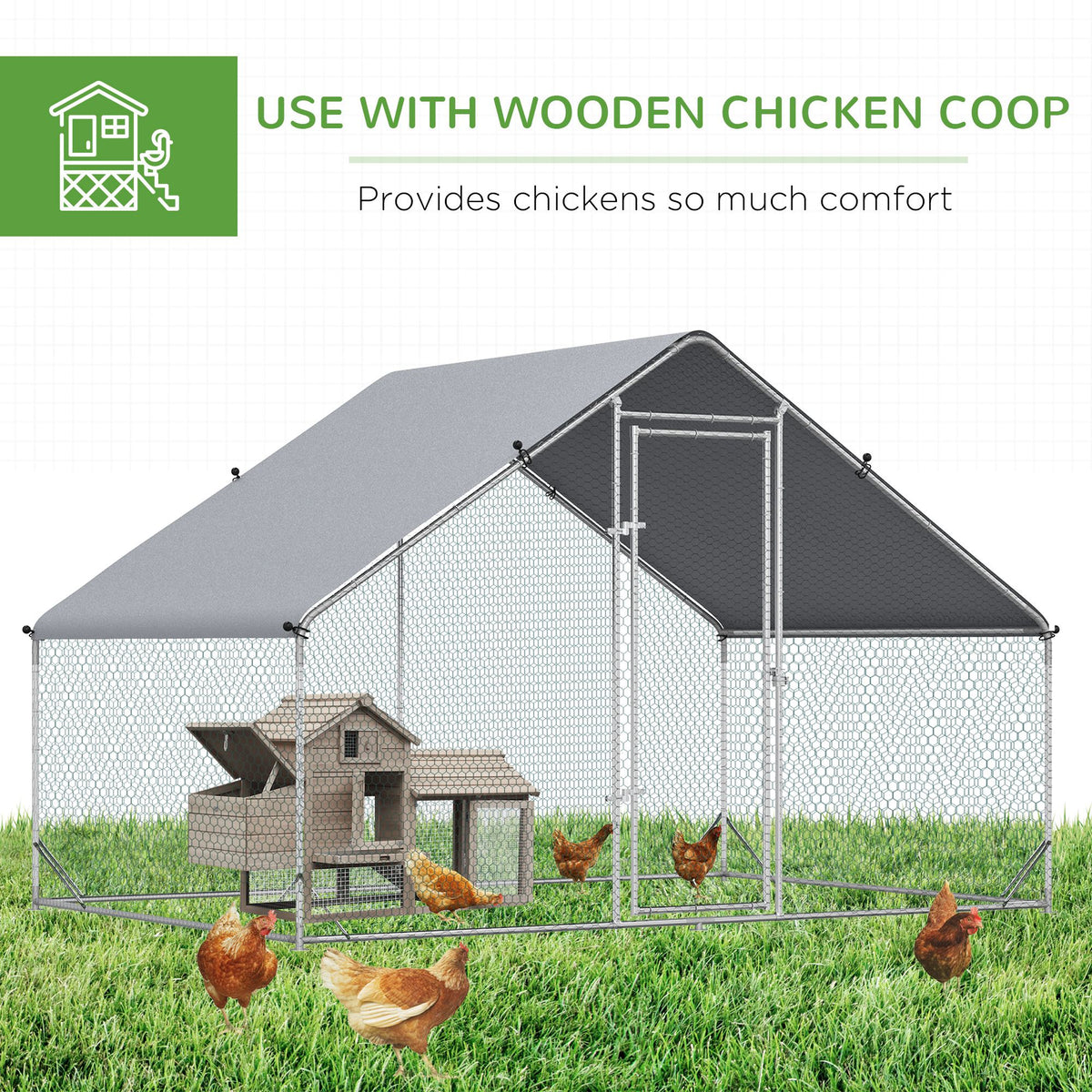 Large Metal Chicken Coop with Waterproof Cover & Walk-In Fence 1980x280x160mm