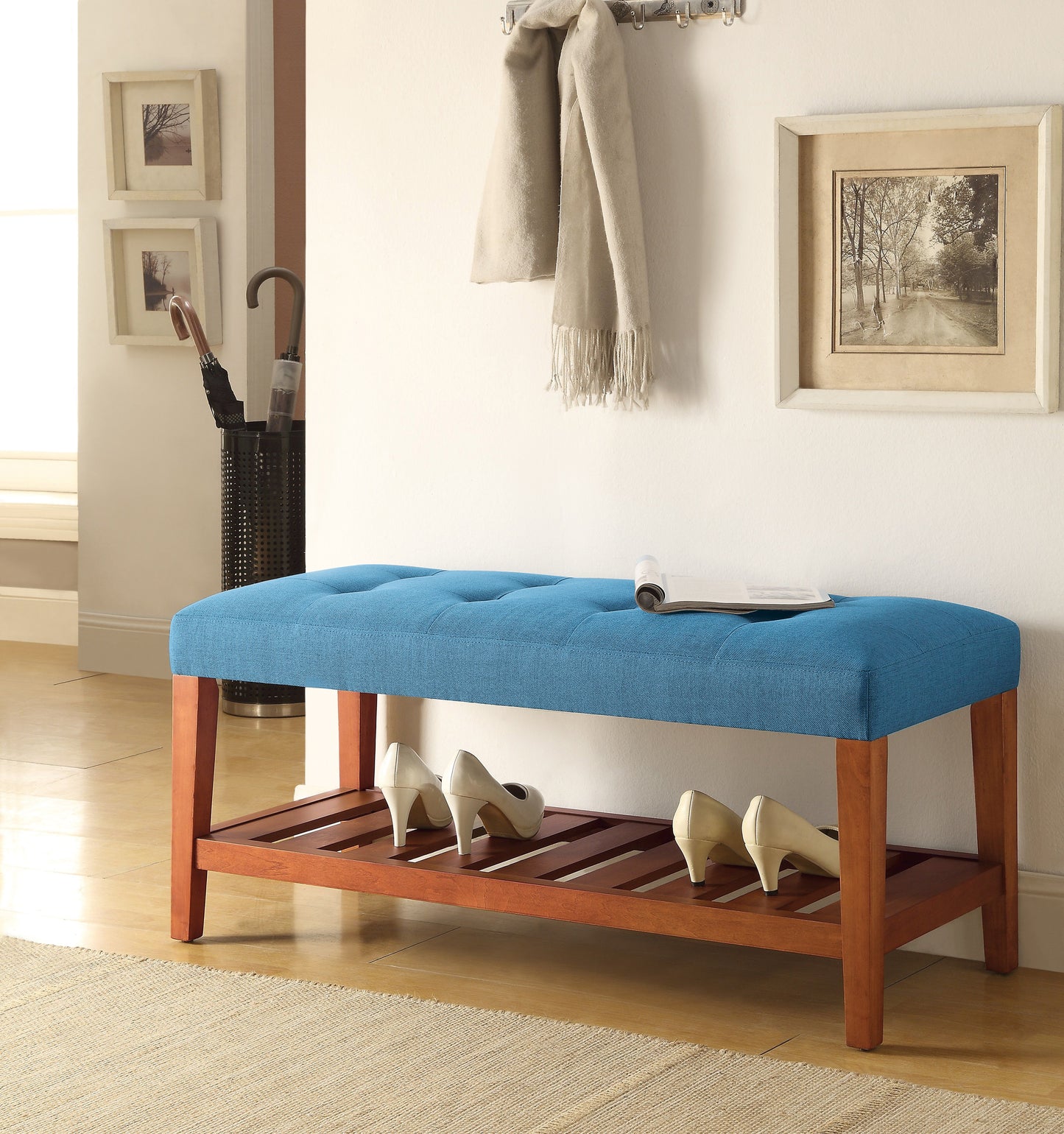 Charla Light Blue Fabric Bench with Oak Finish - 40" Wide