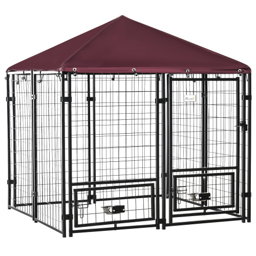 Outdoor Dog Kennel with Rotating Bowl Rack and Waterproof UV-Resistant Awning - Walk-In Pet Playpen