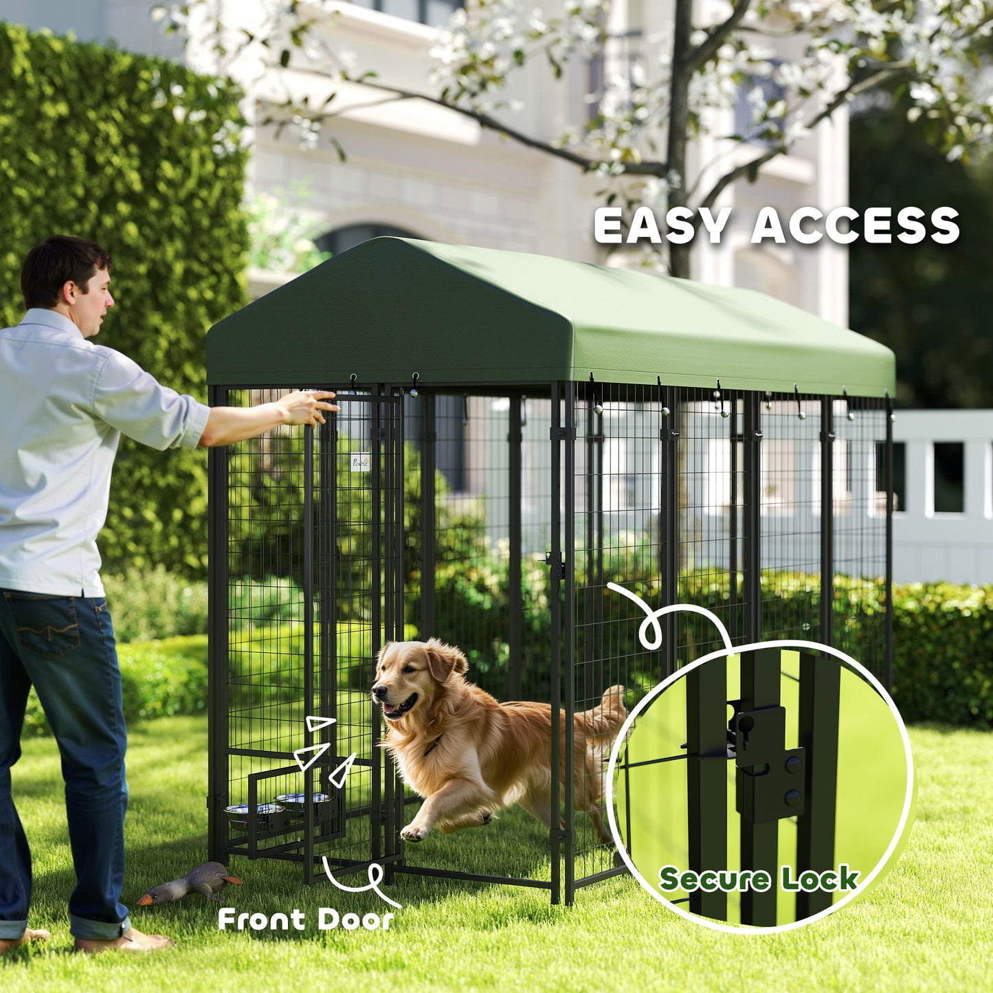 Large Outdoor Dog Kennel with Rotating Bowl Holders and Waterproof Cover, Green, 8x4x6 ft