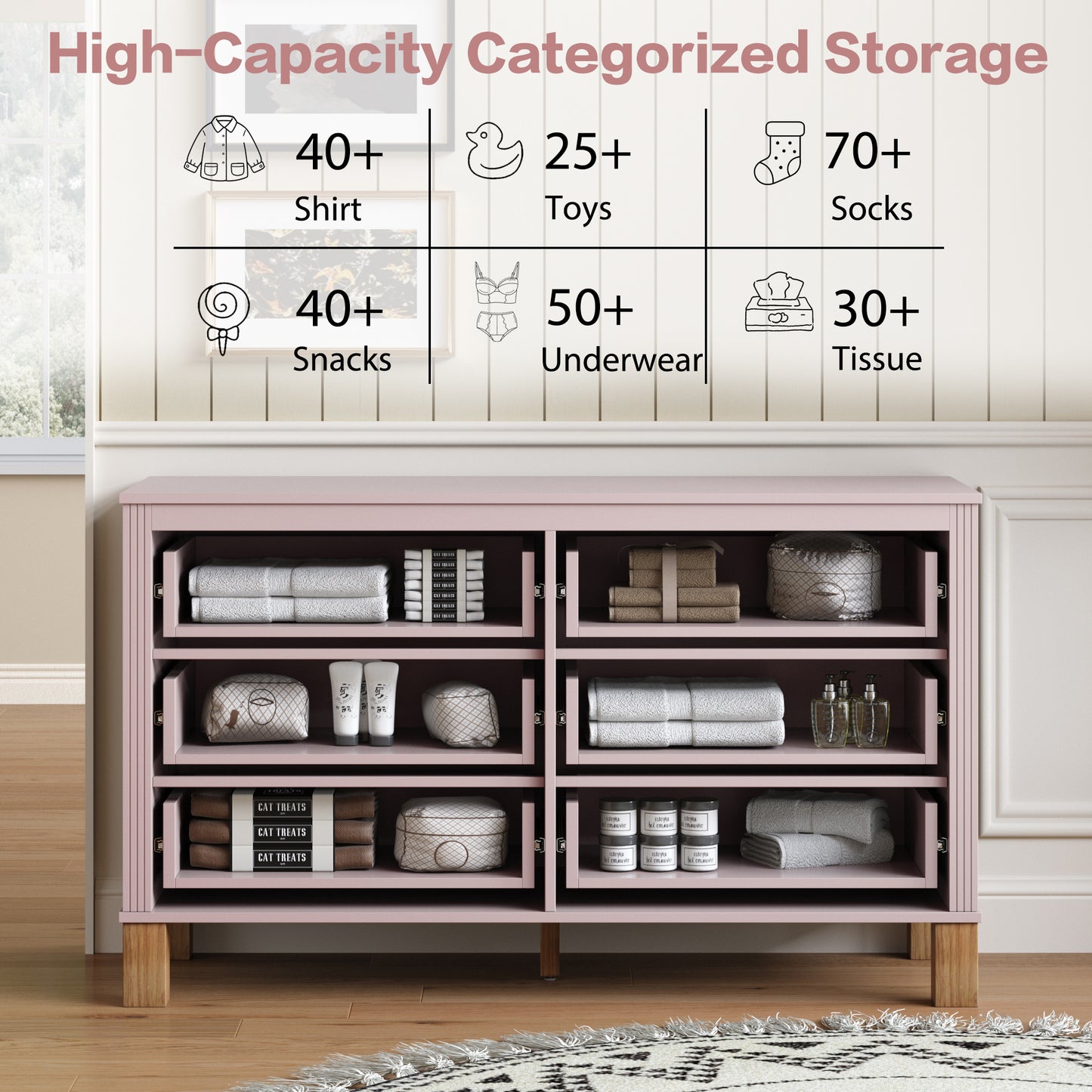 6-Drawer Double Dresser - Modern Storage Cabinet in Pink