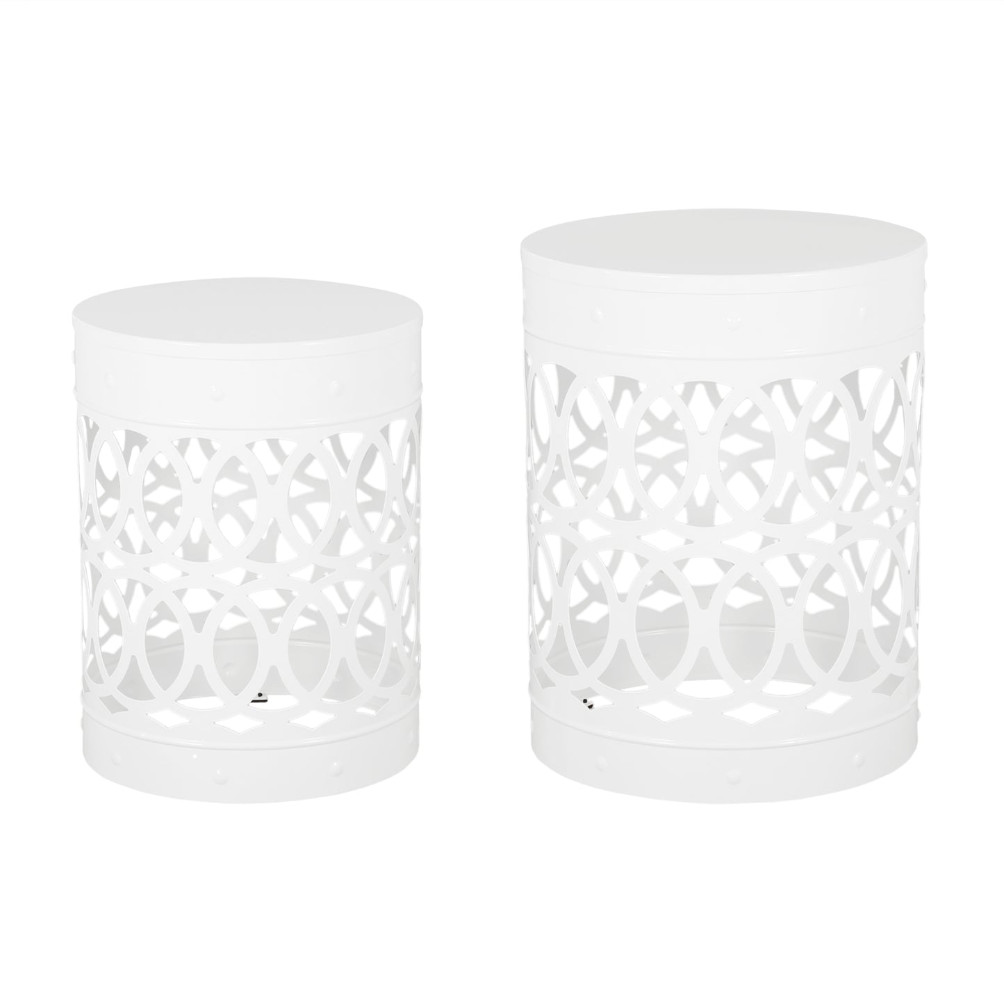 Outdoor Metal End Table Set - White Iron Cut Design