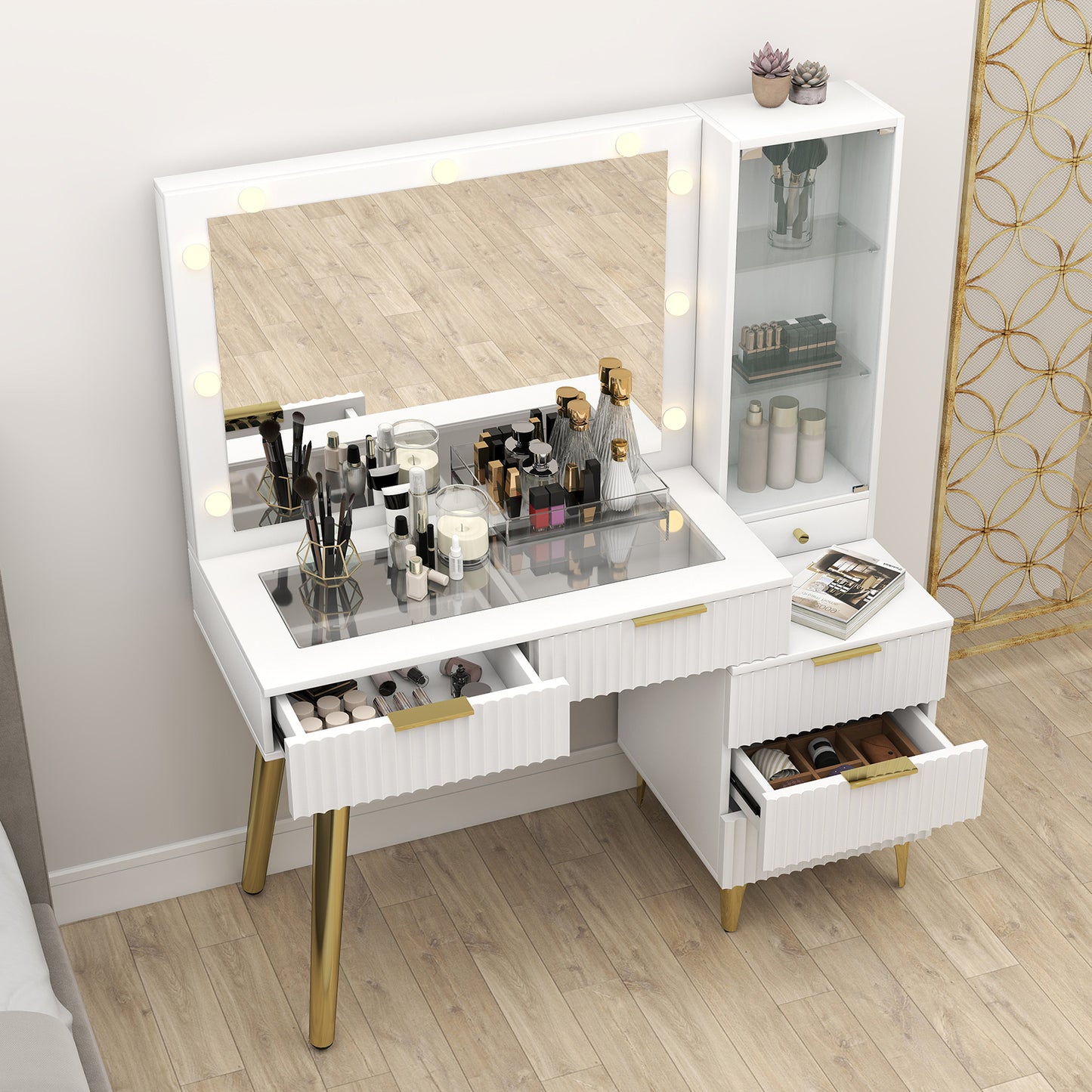 Fluted Vanity Desk With Mirror Glass Top Makeup Table 5 Drawers Power