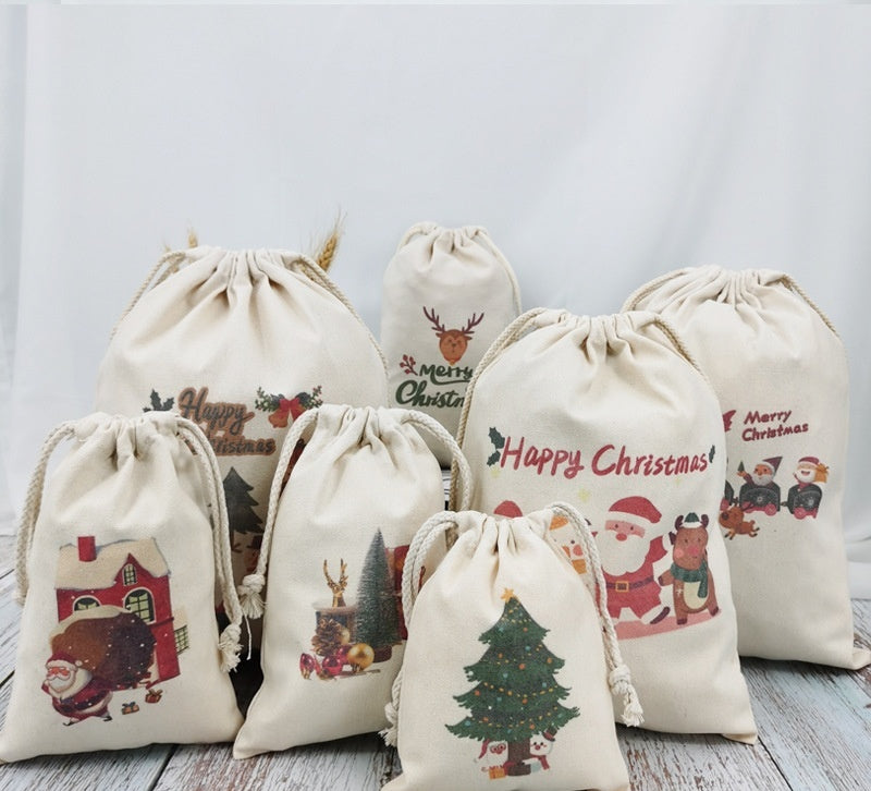 Christmas Canvas Drawstring Gift Bag Set - Multiple Sizes & Designs