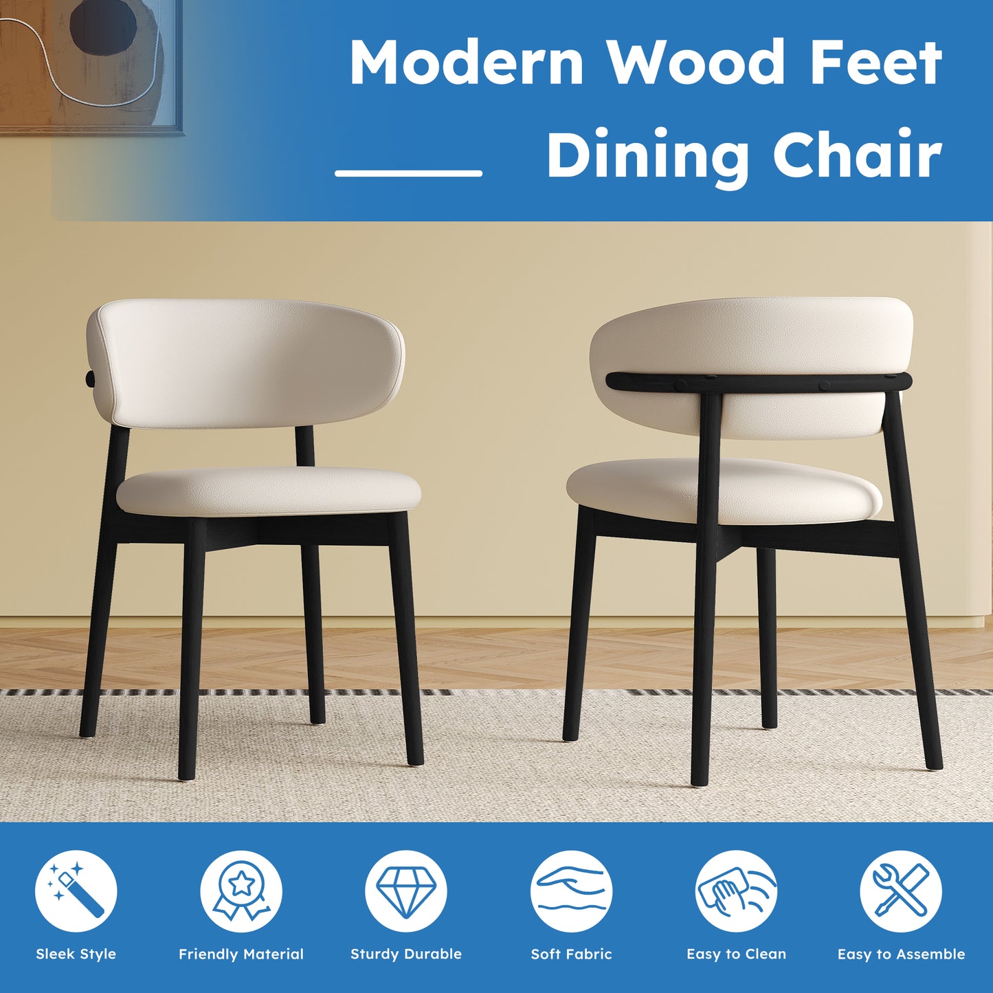 Mid-Century Modern Dining Chairs - Set of 2, Black Wood