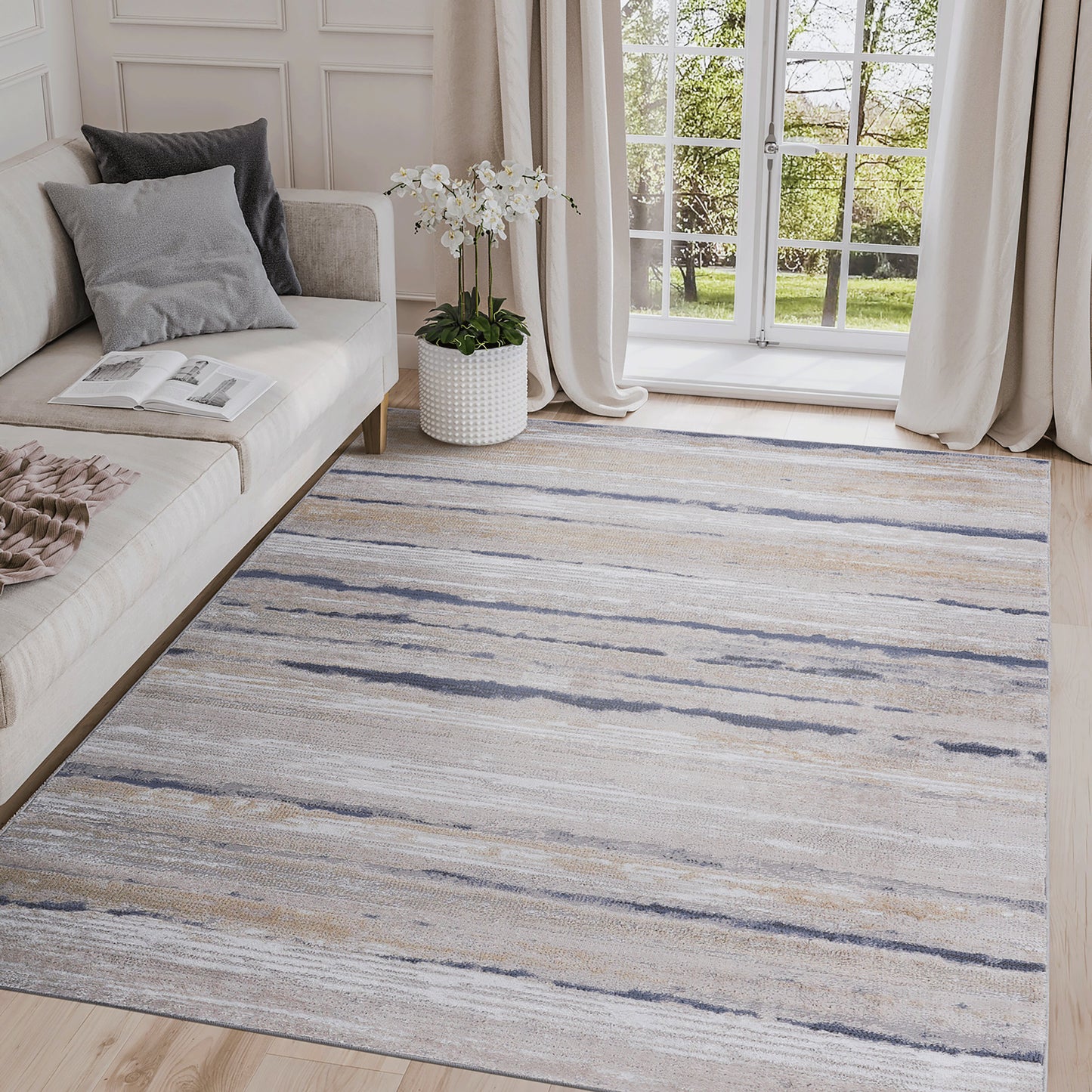 PAYAS C Ollection 6X9 Ivory Blue Striped Area Rug