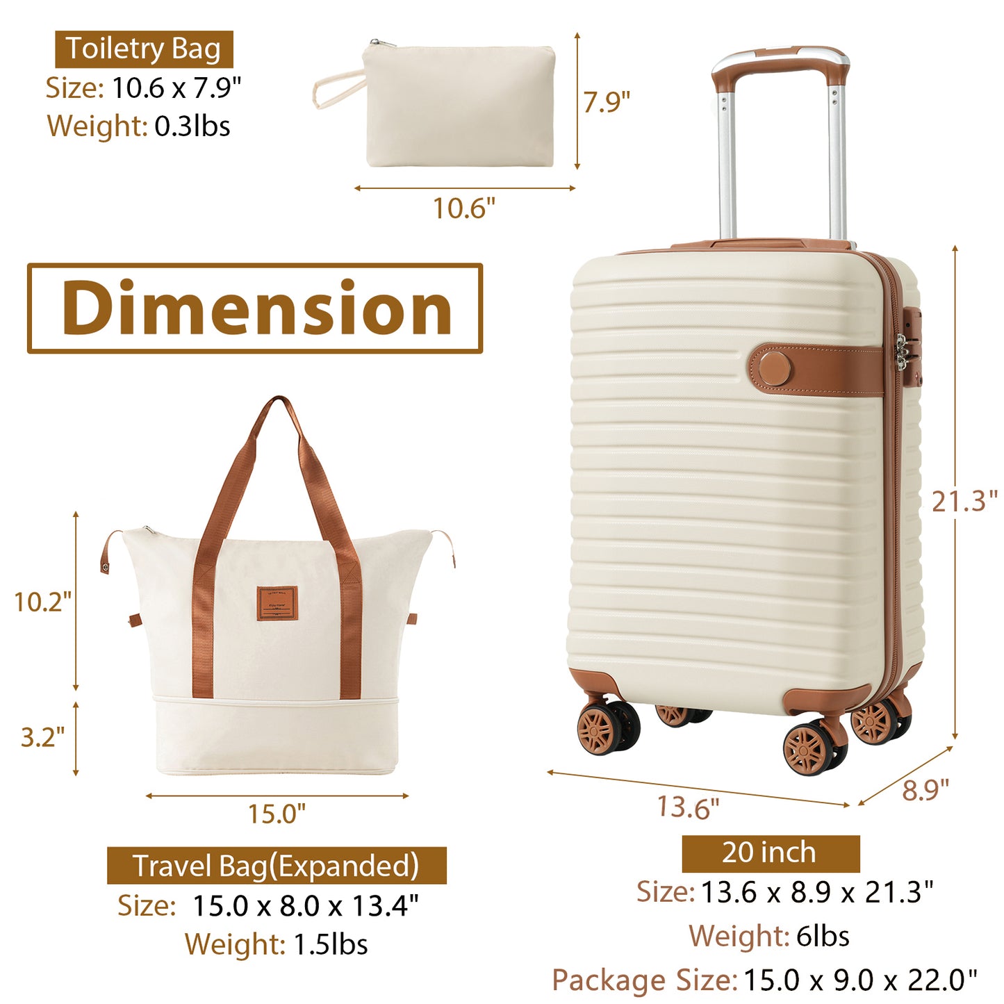3-Piece Carry-On Luggage Set - 20-Inch Cream Hardshell Suitcase