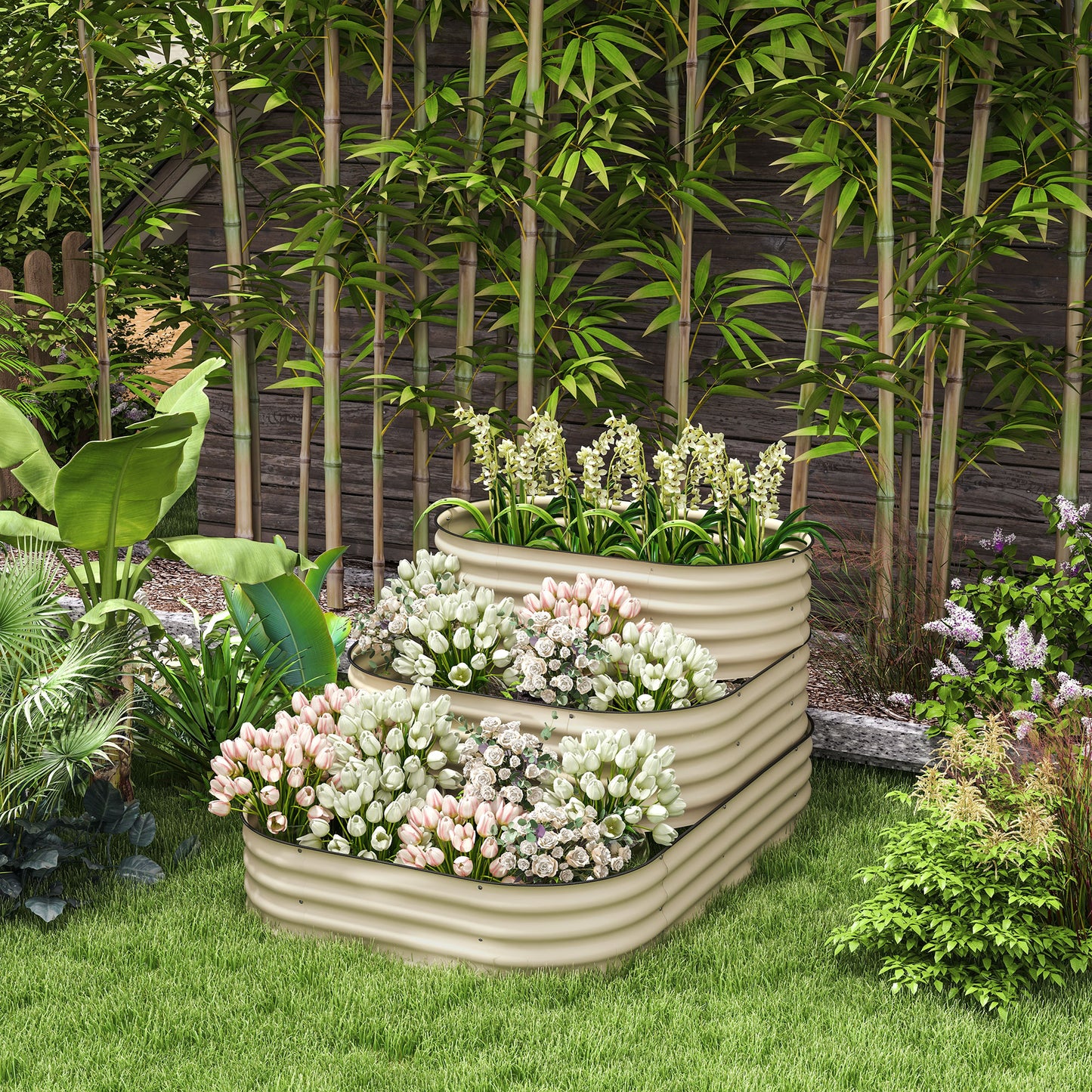 3-Tier Raised Garden Bed Set with Open Bottom, Cream White, 62.25 x 43 inches