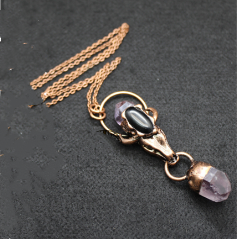 Exaggerated Bull Head Necklace Pendant with Amethyst Crystal - Unisex Jewelry