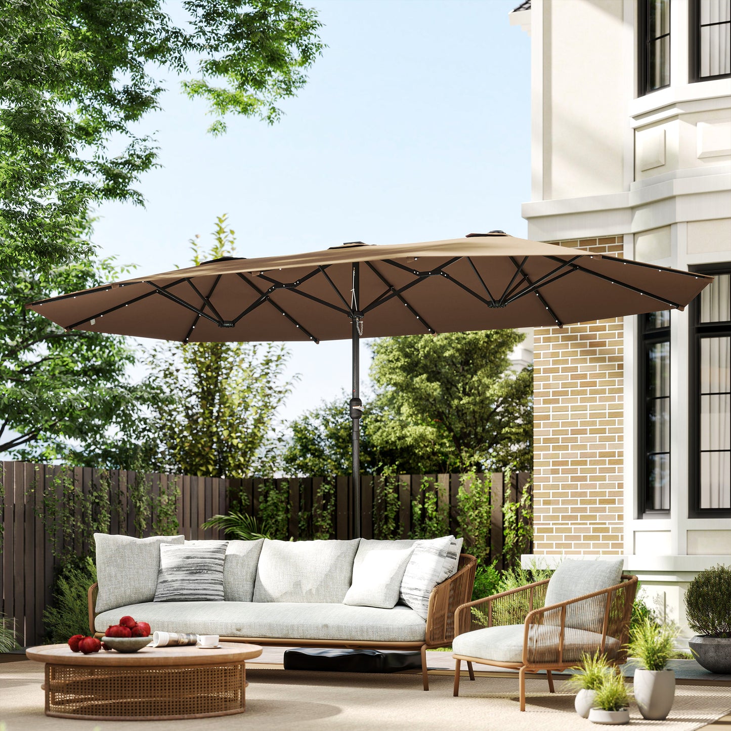 14.4 ft Double-Sided Garden Parasol with LED Solar Lights - Khaki