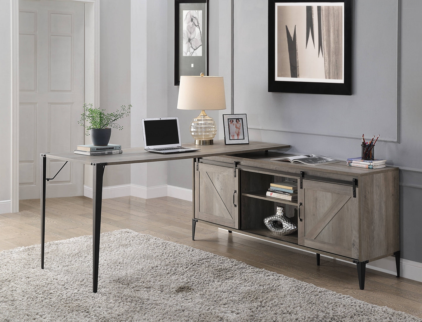 Gray Oak & Black Writing Desk with Cabinet Storage
