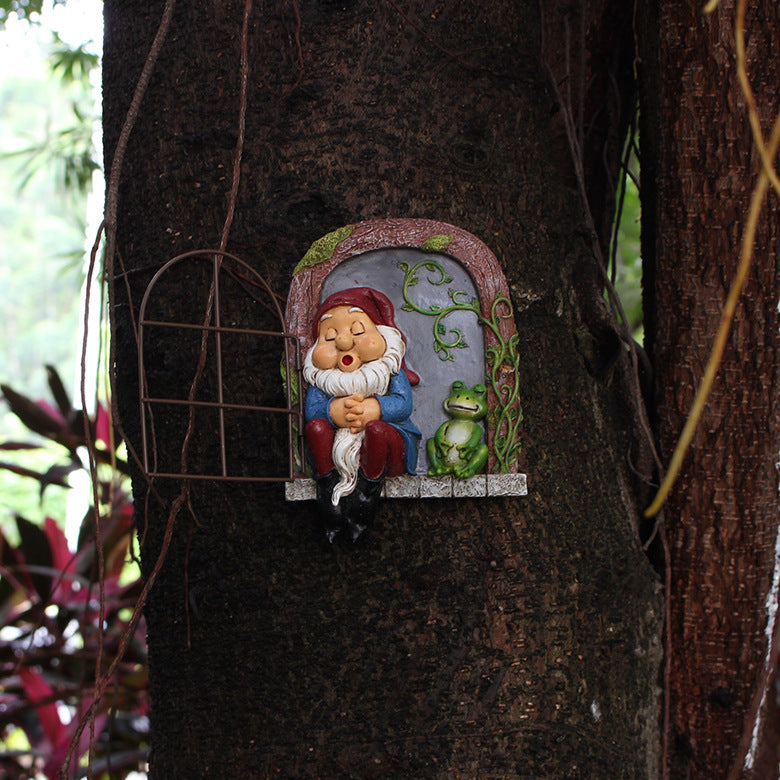 Sleeping Dwarf Door and Window Tree Pendant Resin Craft - Garden Decor