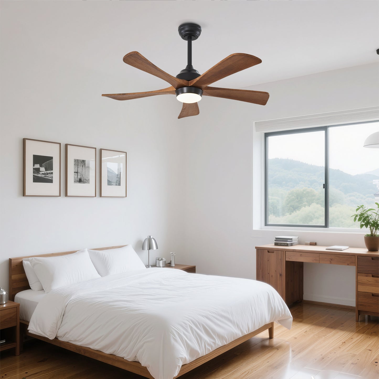 42" Solid Wood Blades Ceiling Fan with Lights & Remote Control - Matte Black