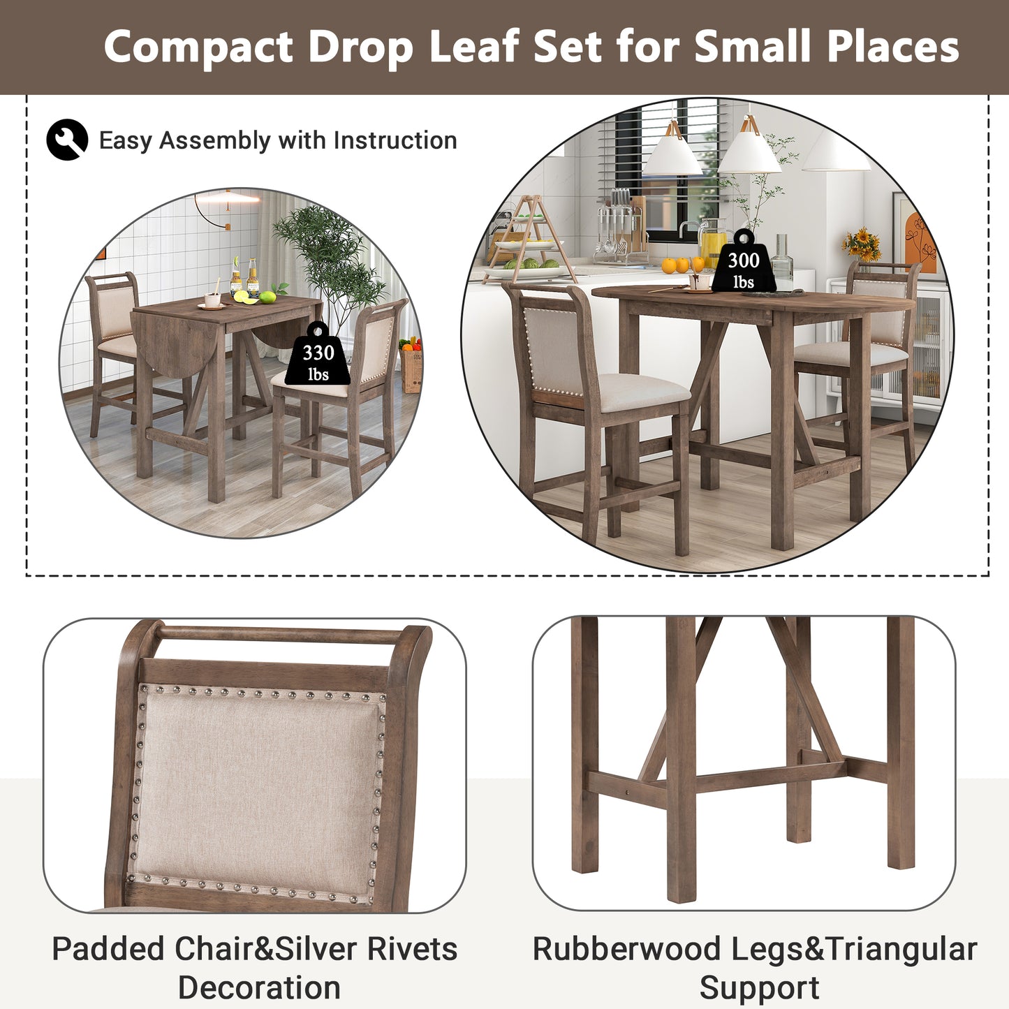 Wood Counter Height Drop Leaf Dining Table Set with 2 Chairs - Brown