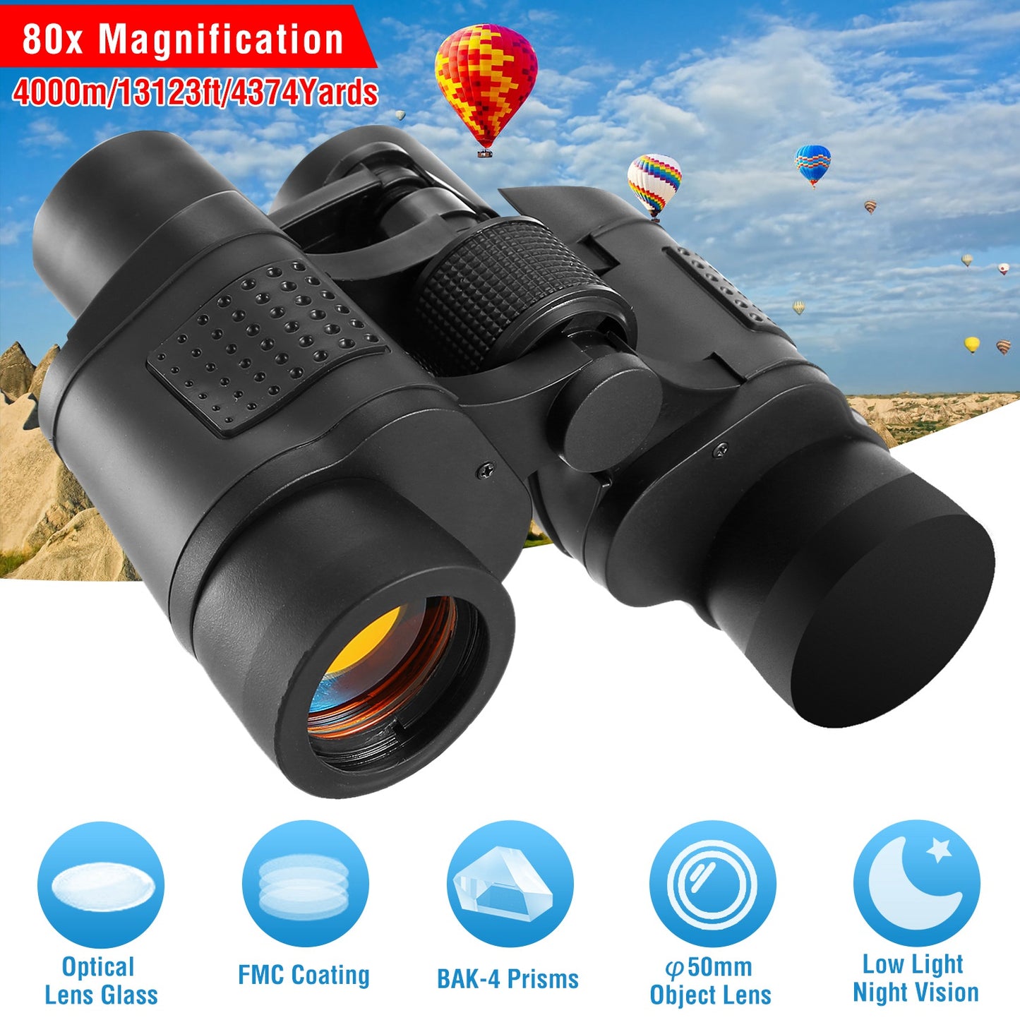 Portable HD Binoculars with Low Light Night Vision - Black