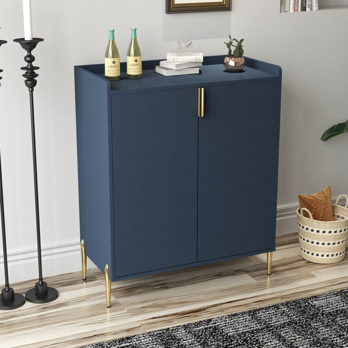 2 Doors Home Wine Bar Cabinet With Rack & Adjustable Storage Shelf,
