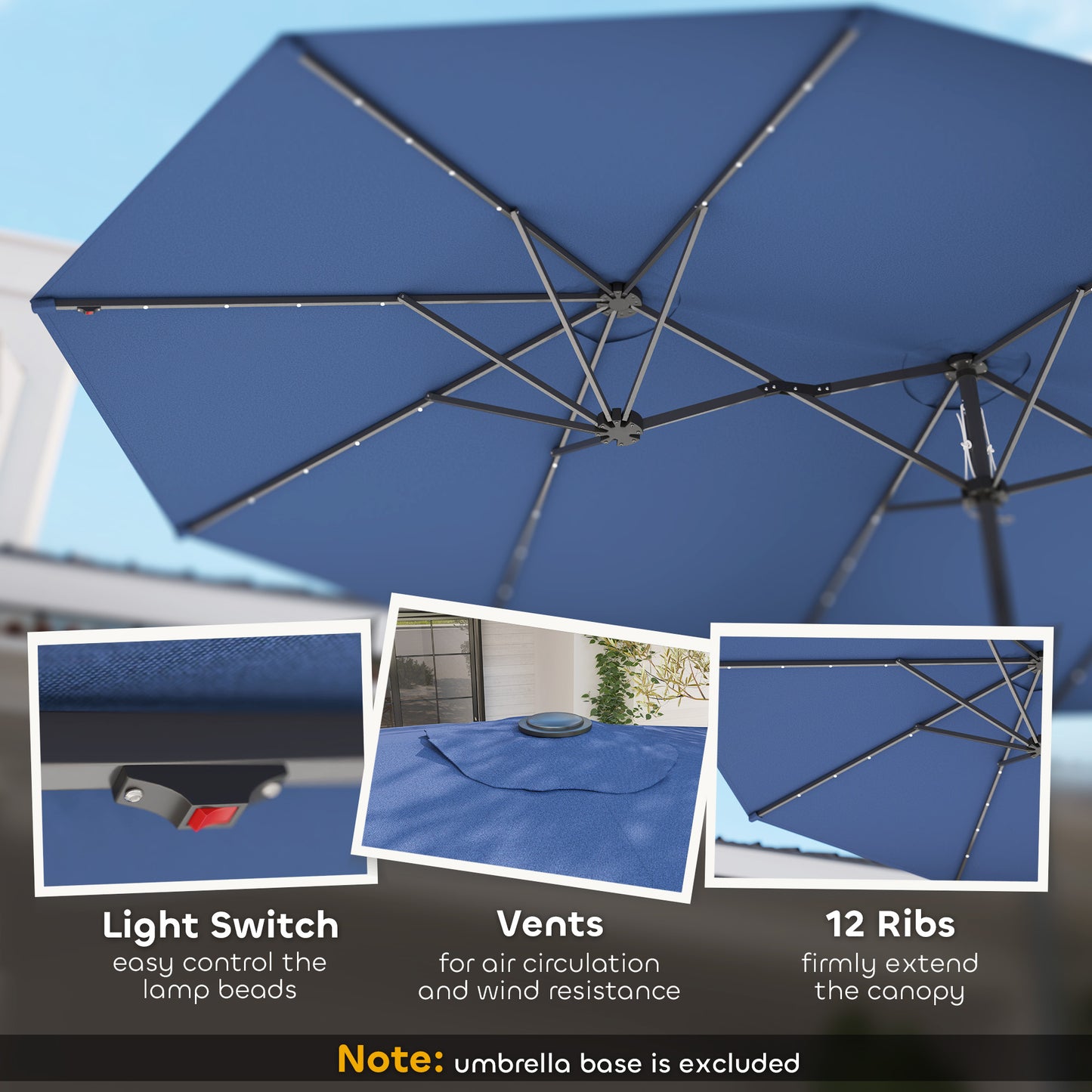 Double-Sided Sun Umbrella with LED Solar Lights - Blue